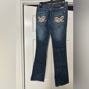 Frankie B. Blue Boot Cut Jeans with Embroidered Pockets